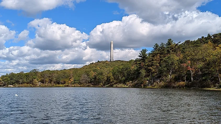 Lake Marcia in Montague, New Jersey, with the monument at High Point State Park in the distance.