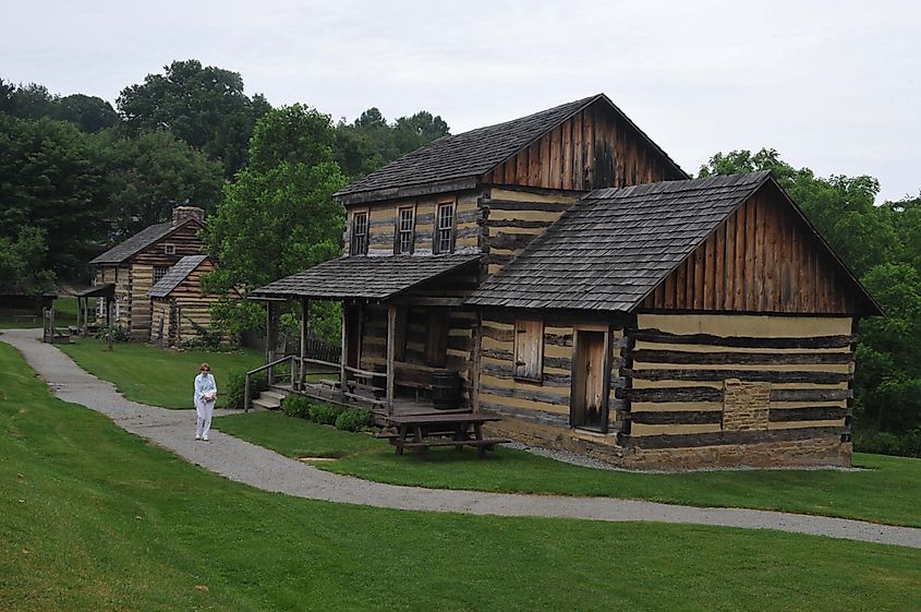 Reconstructed cabins as they appeared when the town was destroyed in 1782