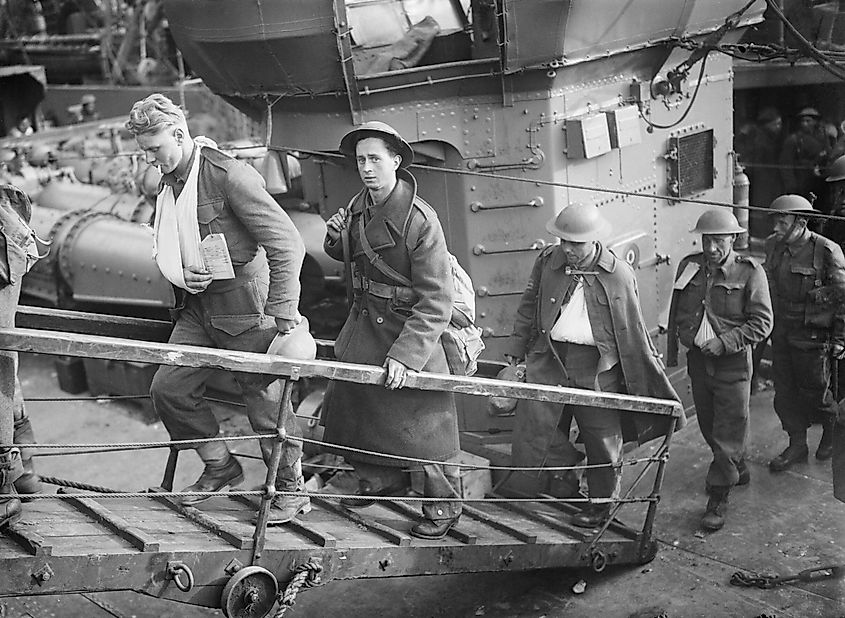 Wounded British soldiers evacuated from Dunkirk make their way up the gangplank from a destroyer at Dover, May 31, 1940.