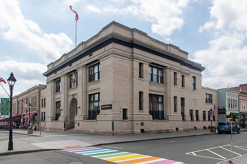 Historic former bank building overlooking the town green in New Milford, Connecticut