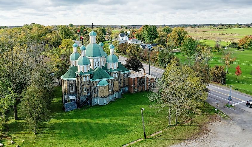 An aerial of St. Mary's Dormition Ukrainian Catholic Church in Grimsby, Ontario, Canada.