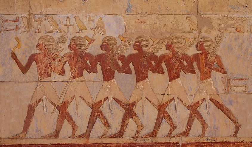 Egyptian soldiers in the expedition to the Land of Punt at the Temple of Hatshepsut, Luxor, Egypt.