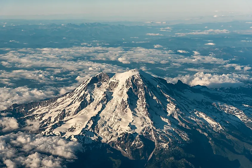 The aerial view of Mount Rainier in Washington.