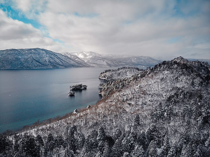 Aerial photography of Lake Towada in winter in Aomori Prefecture, Japan