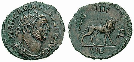 Carausius coin from Londinium mint. On the reverse, the lion, symbol of Legio IV Flavia Felix.