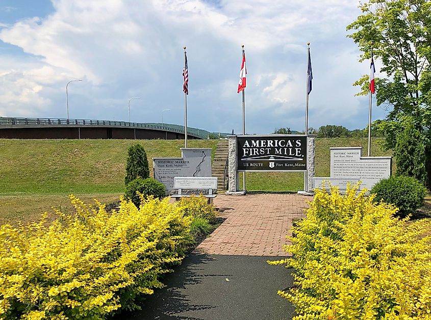 The marker of America's First Mile in Fort Kent, Maine.