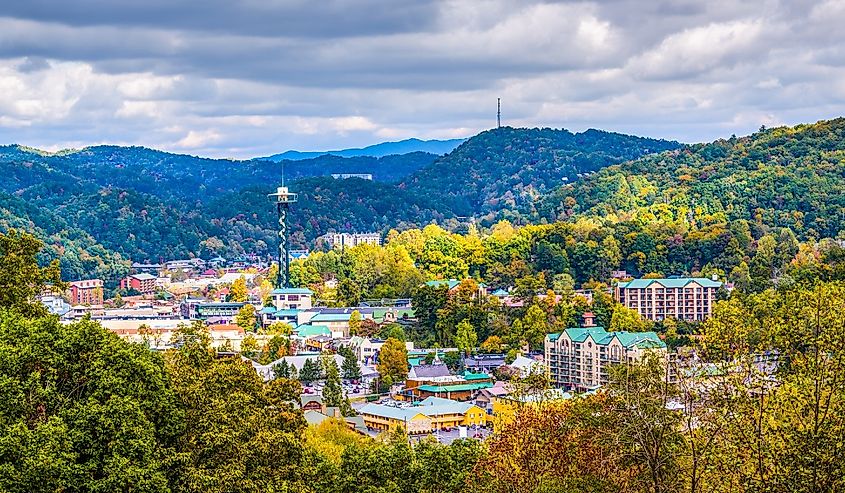 Gatlinburg, Tennessee, USA town skyline in the Smoky Mountains.