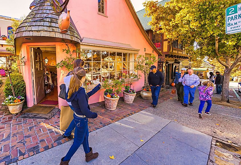 Carmel, United States - November 19 2011 : shopping on main street of carmel with luxurious expensive boutiques all around. Photo credit: oliverdelahaye via Shutterstock