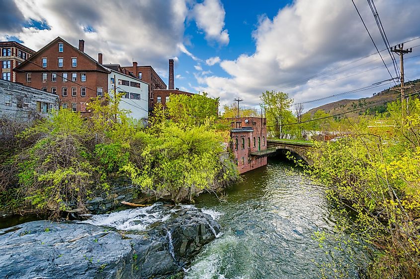 Cascades and old buildings along Whetstone Brook in Brattleboro, Vermont. 