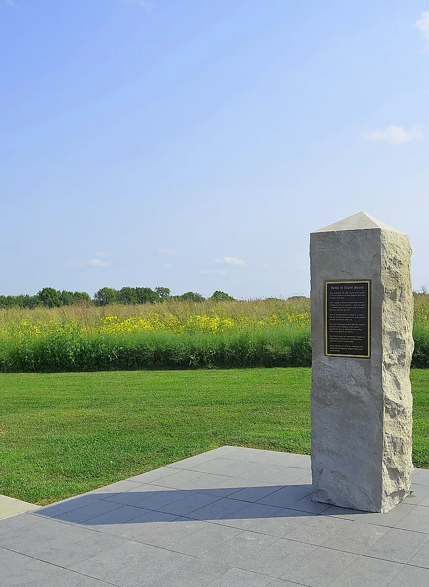 A marker at the Battle of Island Mound State Historic Site.
