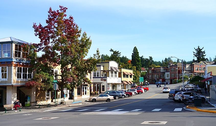 View of downtown Friday Harbor, the main town in the San Juan Islands archipelago in Washington State, United States.