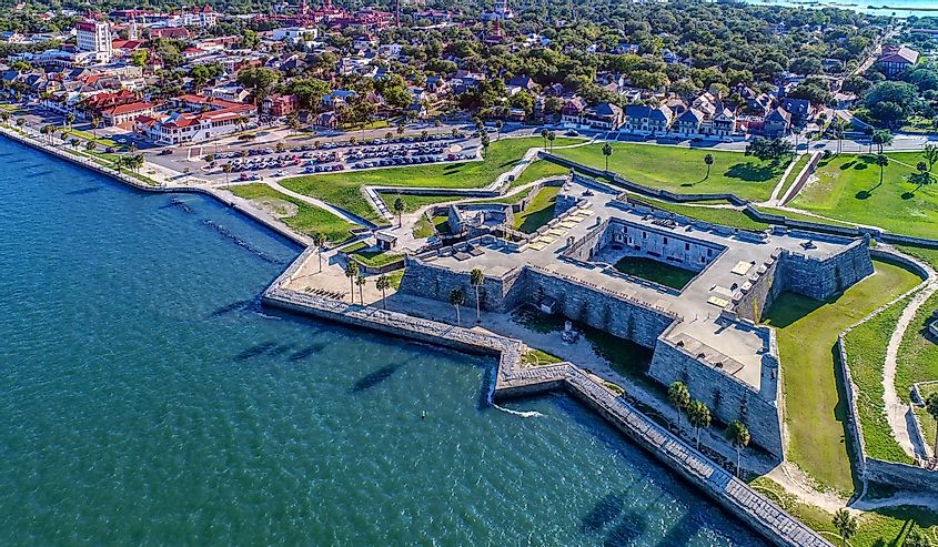 Aerial view of Castillo de San Marcos along the stunning turquoise waters in St Augustine, Florida