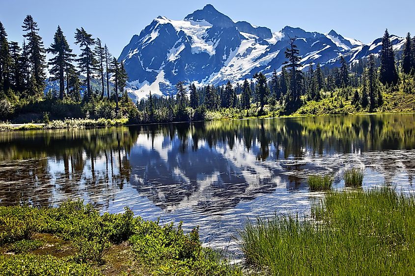 Reflection Lake Mount Shuksan, with a view of the Mount Baker Highway