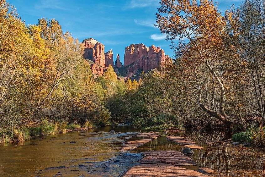 Red rock cliffs and a river in Sedona, Arizona.