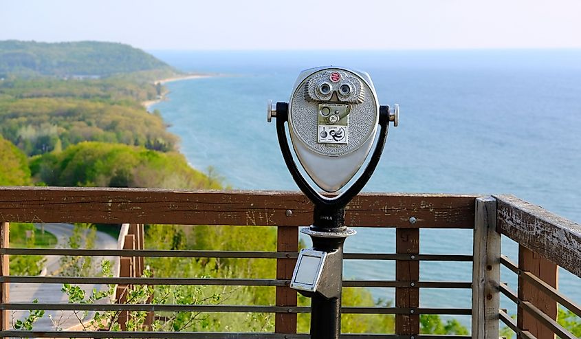Tourist binoculars at Lake Michigan overlook near Arcadia, Michigan