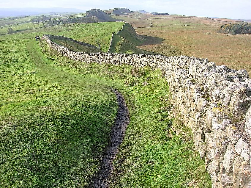 A view of a partially-reconstructed section of Hadrian's Wall.