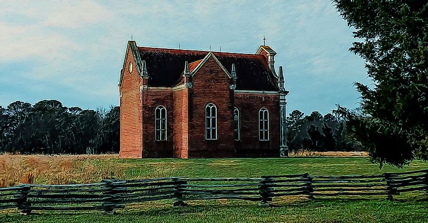 An illustration of a reconstructed Brick Chapel at St. Mary's City, Maryland
