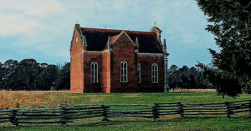 An illustration of a reconstructed Brick Chapel at St. Mary's City, Maryland