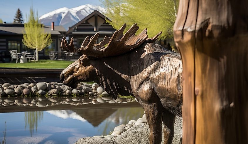 Moose statue by a log structure on a corner in Ketchum, Idaho, United States, close to Sun Valley, with mountains in the background.