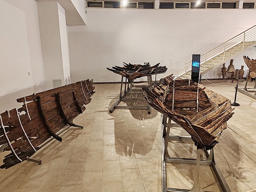 A view of historic Roman ships in a museum.