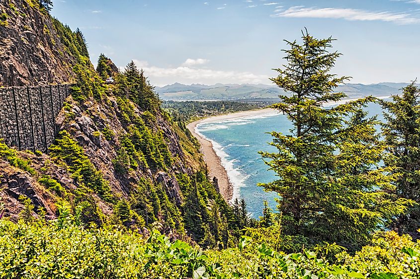 Forested headland and rocky shoreline along the Oregon coast at Oswald West State Park.