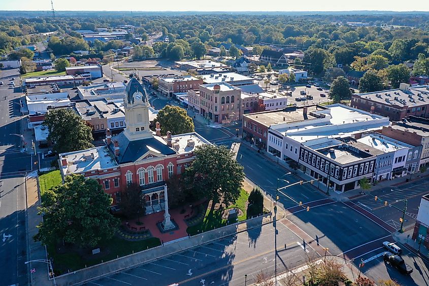 Aerial view of the back side of the old Court House in Monroe NC