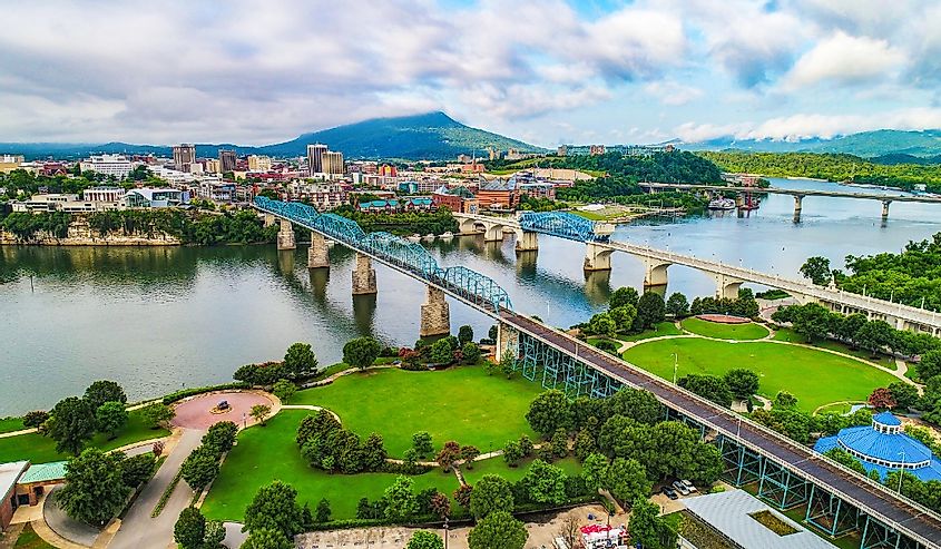 Drone Aerial of Downtown Chattanooga Tennessee Skyline, Coolidge Park and Market Street Bridge
