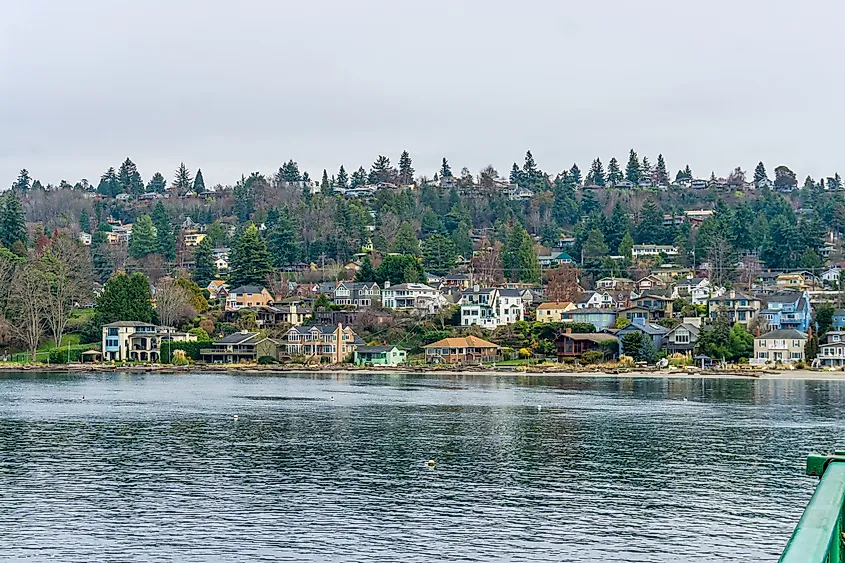Houses along the coast of Vashon Island in Washington.