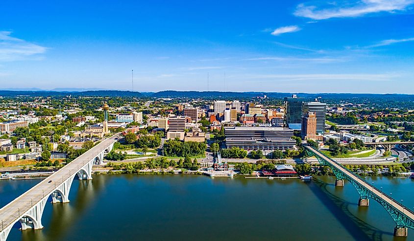 Downtown Knoxville Tennessee aerial view along the Tennessee River