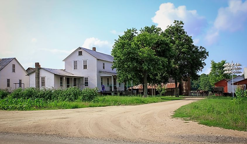 an Amish home with a garden and a horse and buggy parked in the back in Lawrenceburg, Tennessee