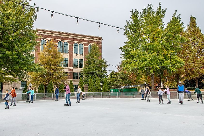 People ice skate in downtown Spartanburg, South Carolina