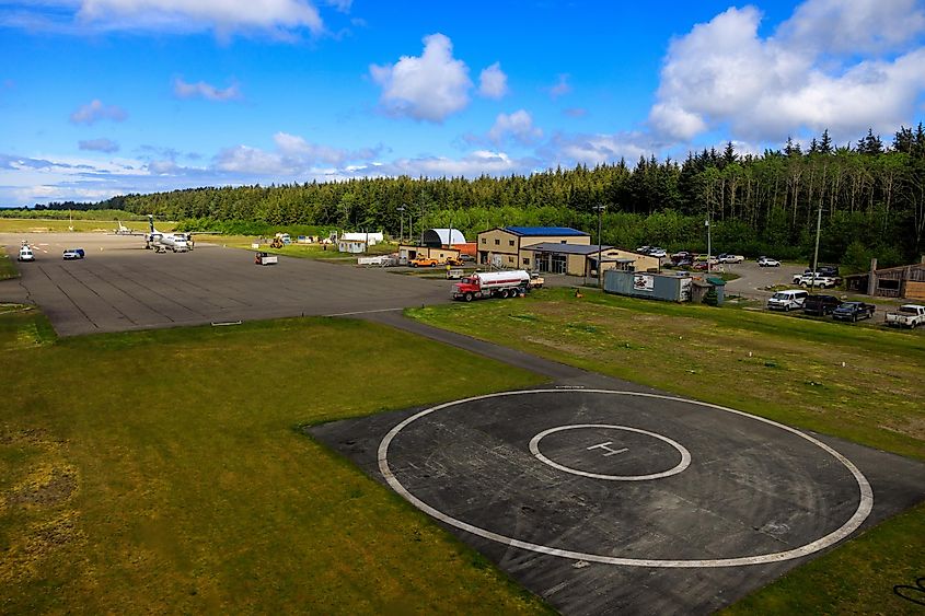 An aerial view of the runway tarmac of the remote Masset airport located in Haida Gwaii, British Columbia
