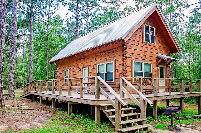 Spanish Fort, Alabama, USA - June 26, 2021: Peters Cabin is pictured in Historic Blakeley State Park in Spanish Fort, Alabama.