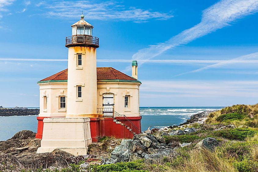 The Coquille River Lighthouse on the Oregon coast.