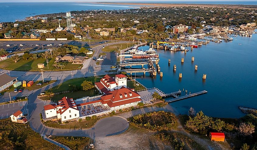 Aerial View of the Harbor and buildings surrounding Silver Lake on Ocracoke Island in North Carolina