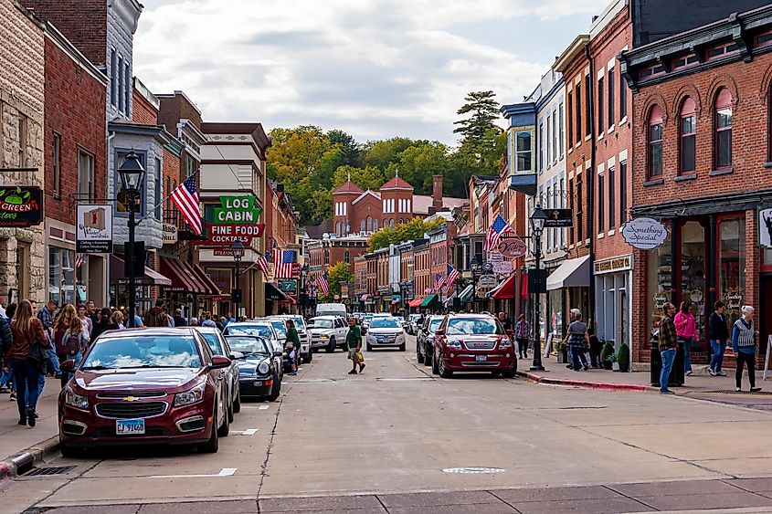 View of Main Street in the historical downtown area of Galena, Illinois, United States.