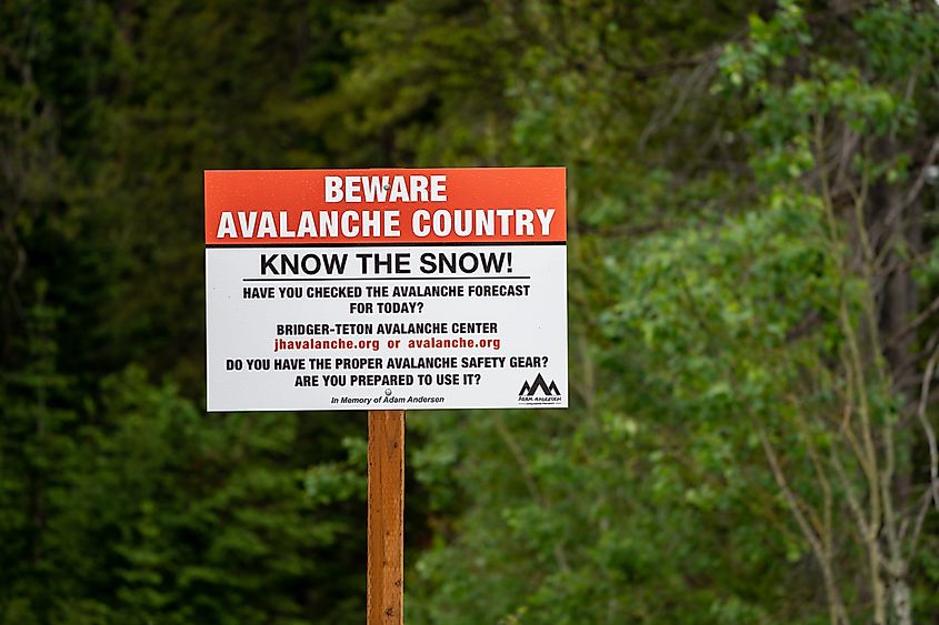 Beware of Avalance Country warning sign for backcountry skiers at the Bridger-Teton National Forest, Wyoming
