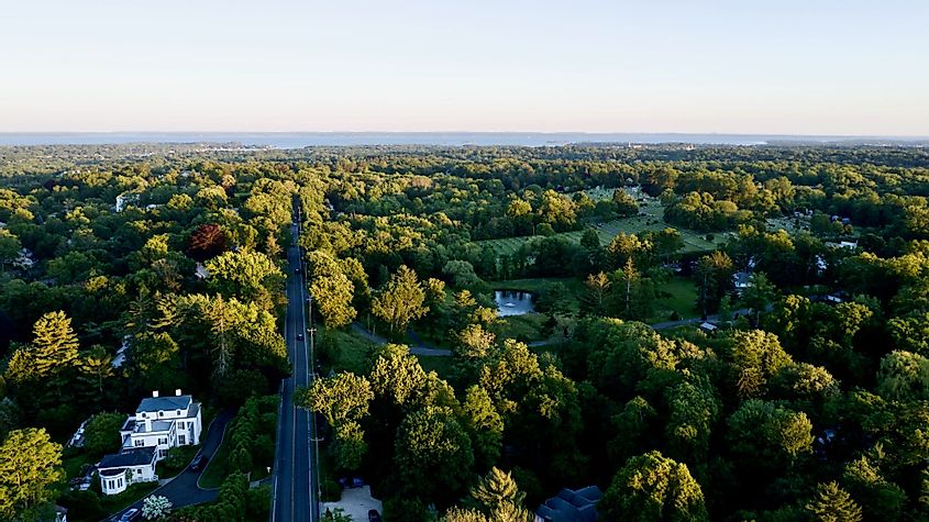 Aerial drone shot over by North Street in Greenwich, Connecticut looking towards the Long Island Sound