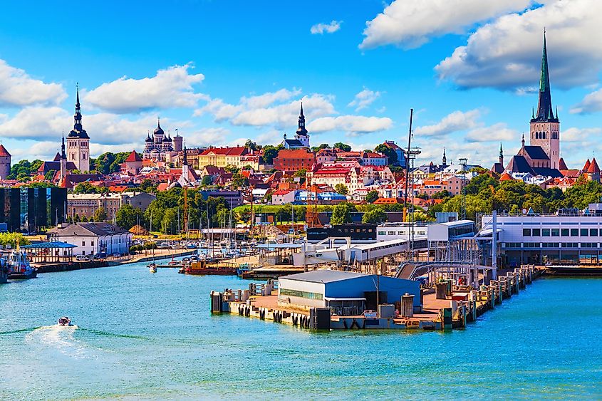 Scenic summer view of the Old Town and sea port harbor in Tallinn, Estonia