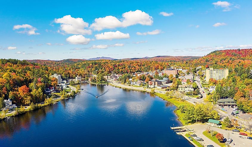 Colorful aerial view of Saranac Lake New York in the Adirondack Mountains