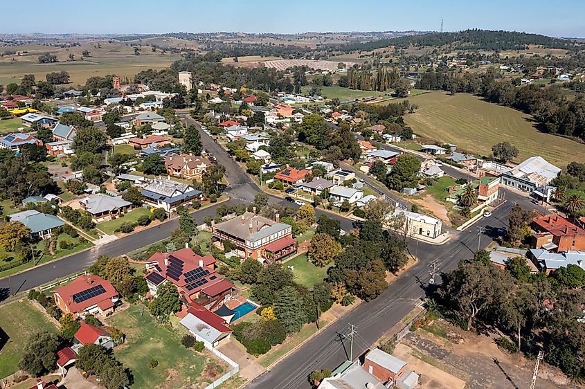 Aerial view of the central western country town of Canowindra, New South Wales, Australia.