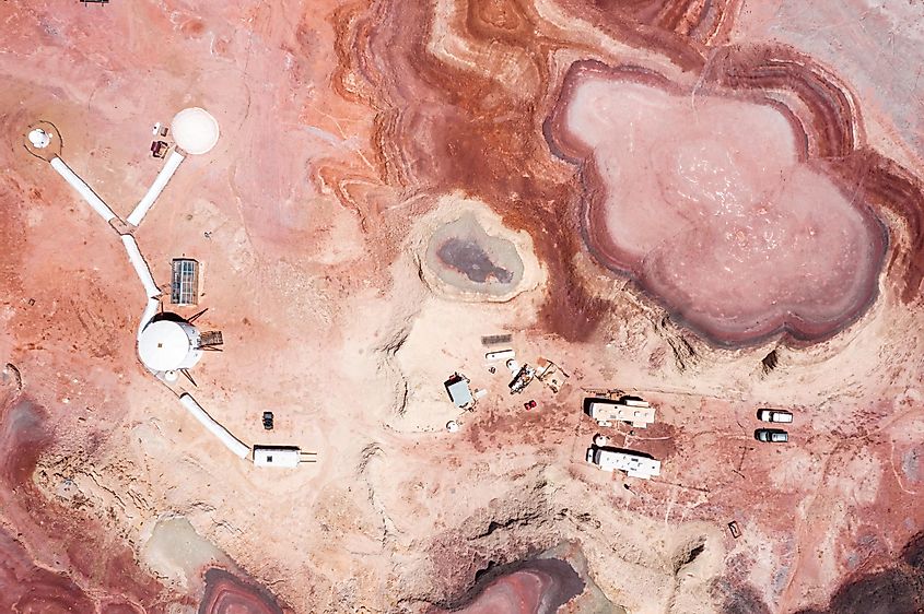 Mars Research Station in Utah, top down aerial drone photo