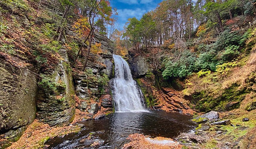 Colorful closeup of Bushkill Falls at the height of Autumn foliage.