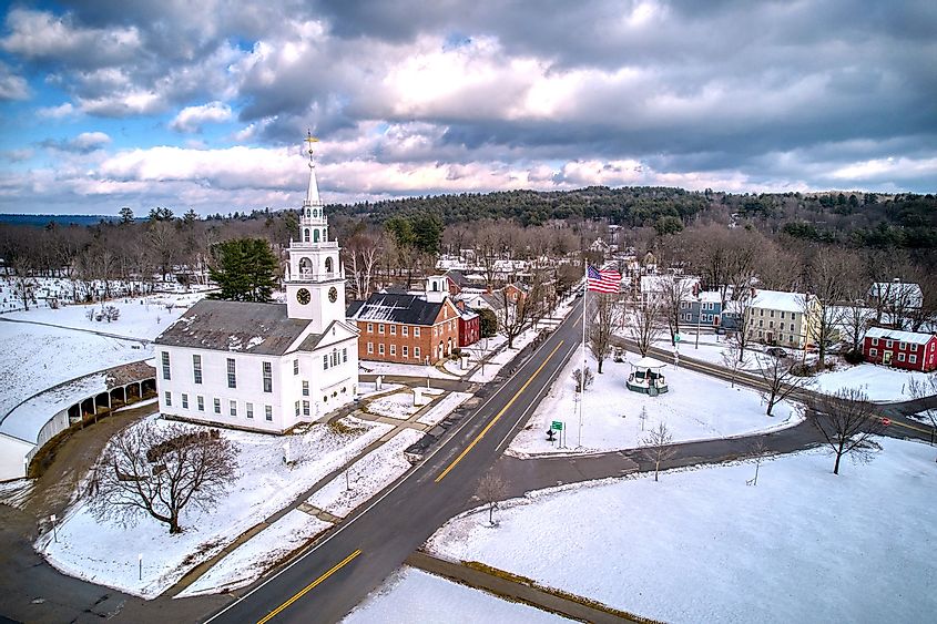 Aerial view of Hancock, New Hampshire, in winter.