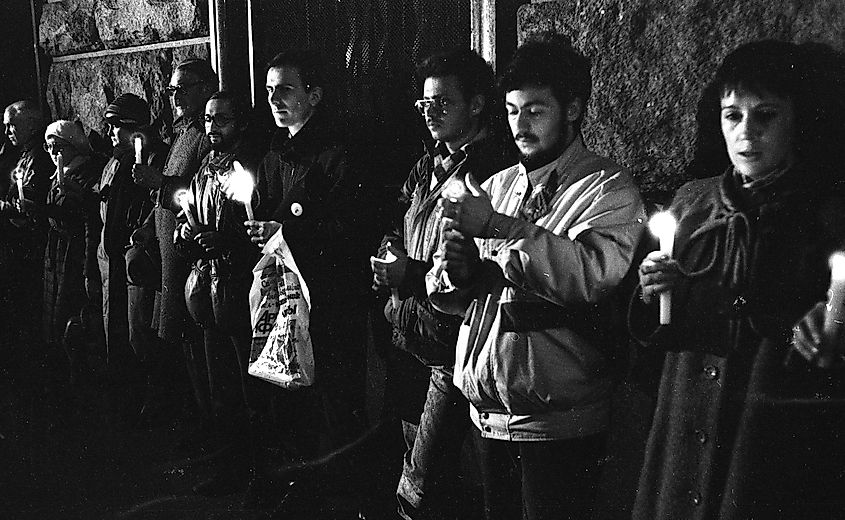 The rally near the KGB building in Moscow on Lubyanka Square in a memory of Stalin's victims on the Day of Political Prisoners, 30 October 1989