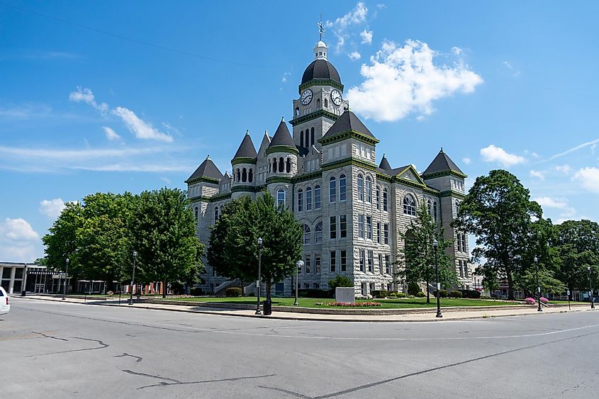 A low angle view of the Jasper Country Carthage courthouse in Missouri on a sunny day