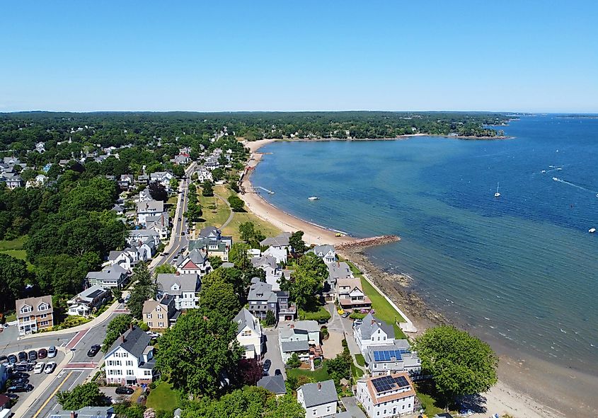 Aerial view of Sandy Point at Danvers River mouth to Salem Harbor in city of Beverly, Massachusetts MA, USA.