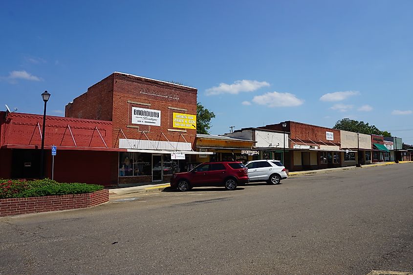 View of buildings along a street in Broken Bow, Oklahoma.