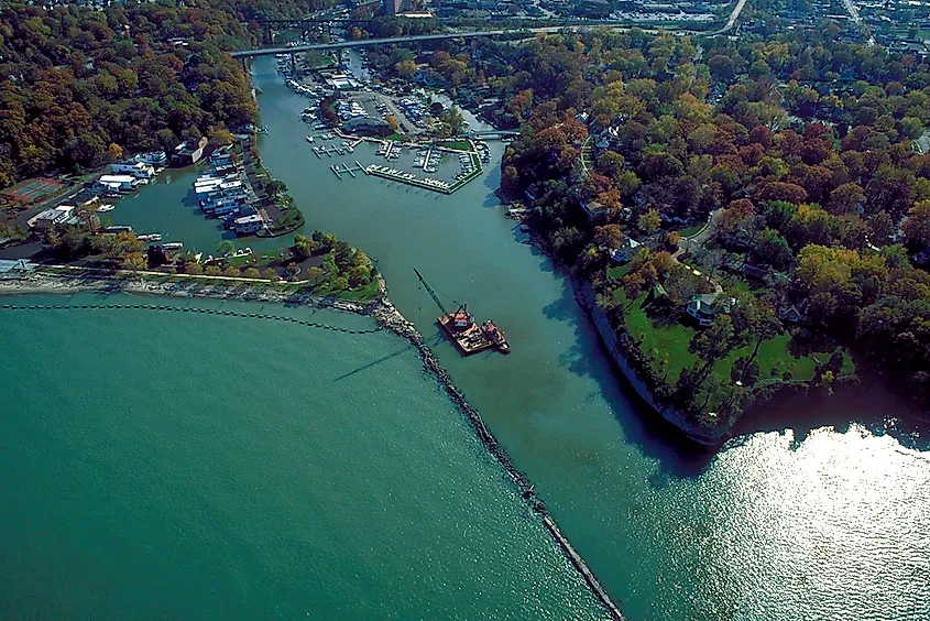 An aerial view of the harbor in Rocky River, Ohio.