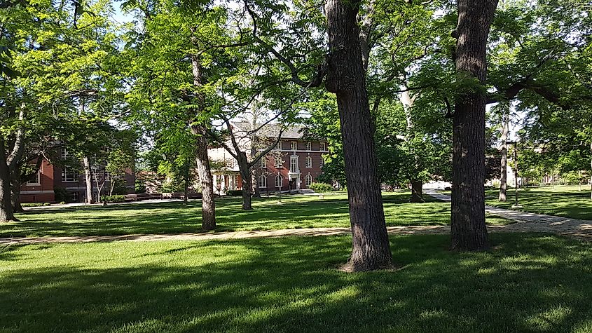 May 30, 2016, Oxford, OH, Miami University Bishop Hall surrounded by green trees in summer